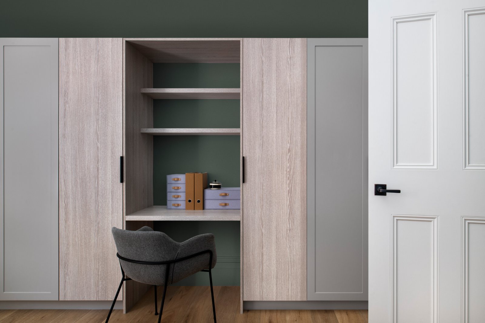 Camberwell Mews study nook built into a wall of cabinetry