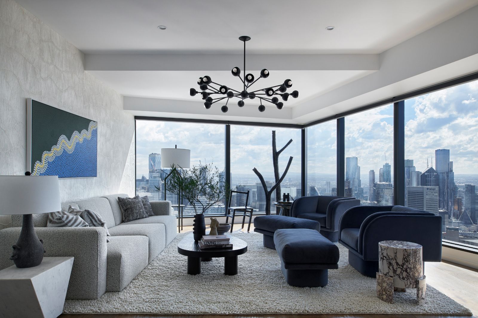 Eureka apartment, living room above the Melbourne skyline