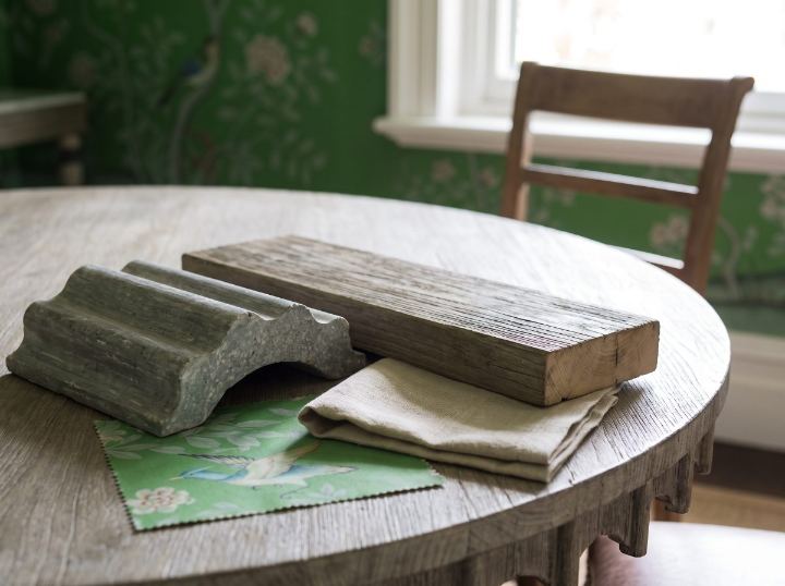 East Melbourne Period, material samples on the dining table