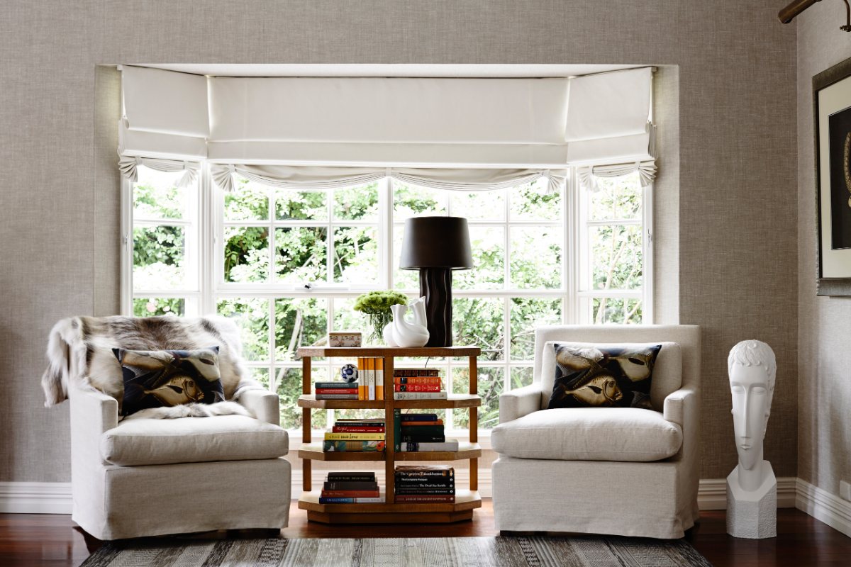 Malvern sitting room with roman blinds across a bay window
