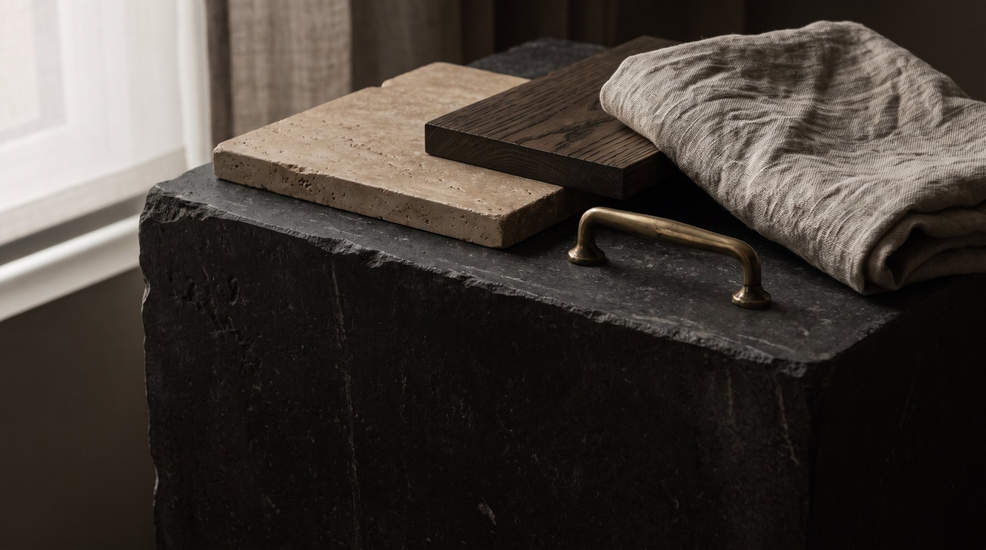 Travertine, smoked oak, linen and brass samples on a dark stone bench