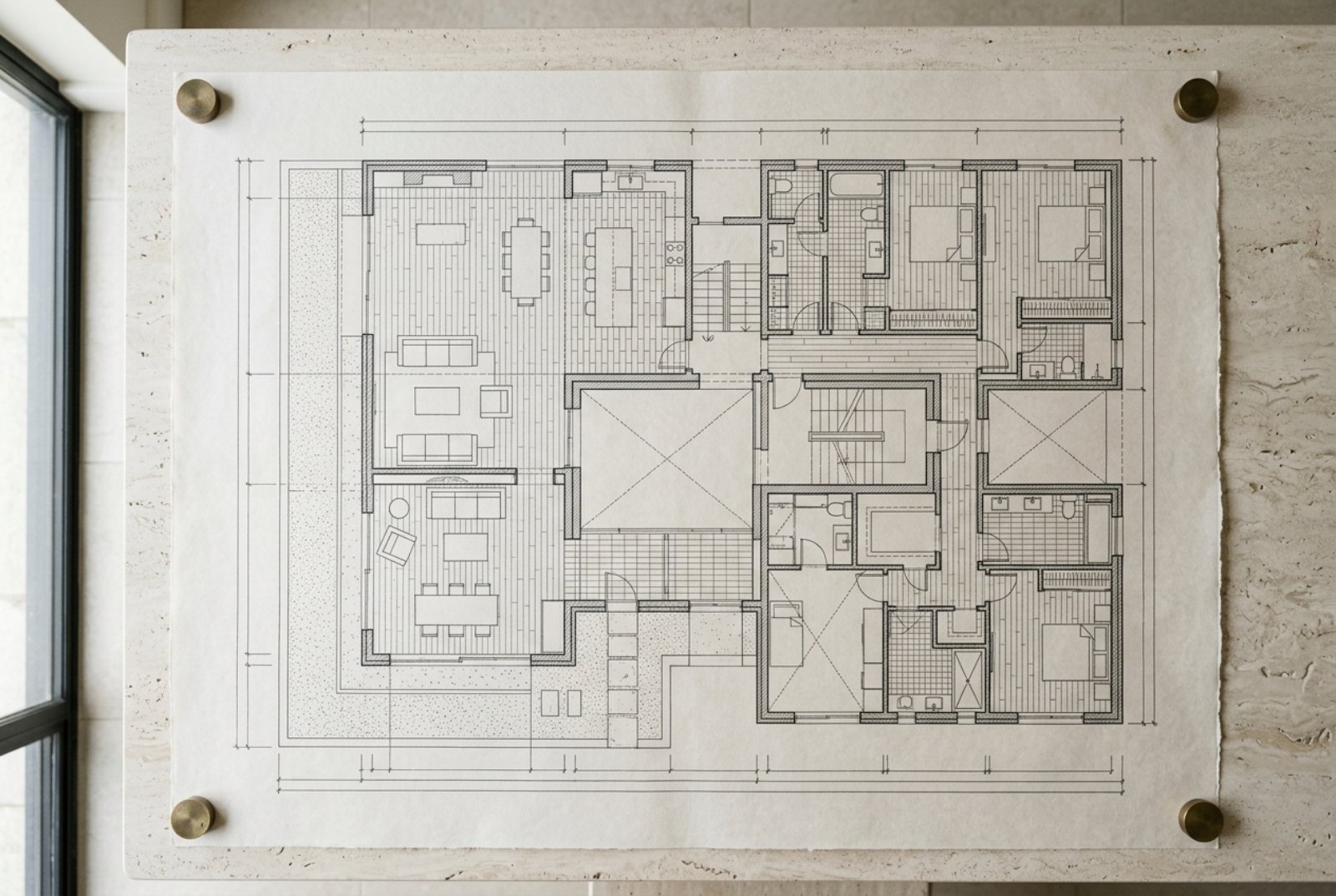 A floor plan pinned to a wall