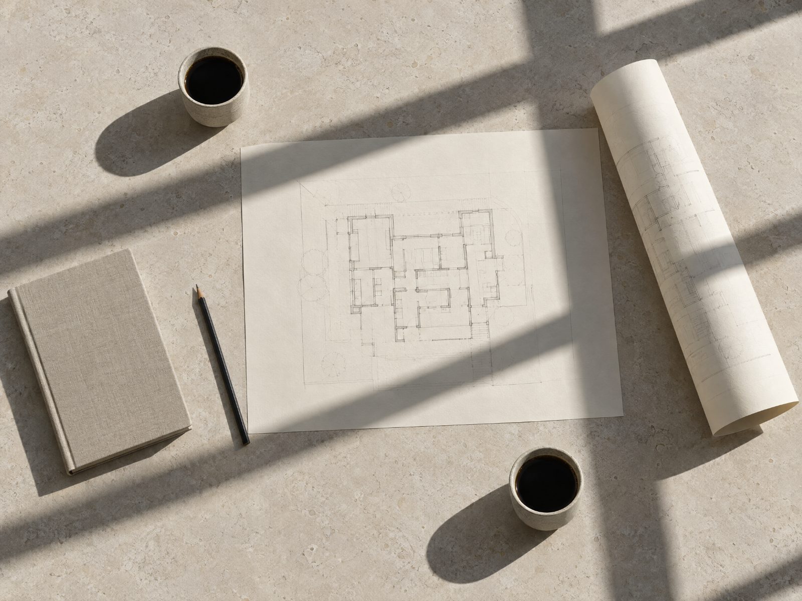 Floor plans, a notebook and two cups of coffee on a limestone table