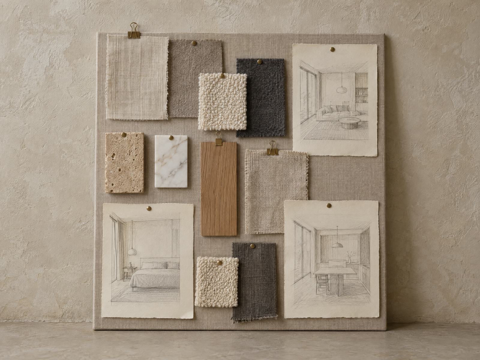 A concept board of fabric, stone and timber samples with pencil sketches