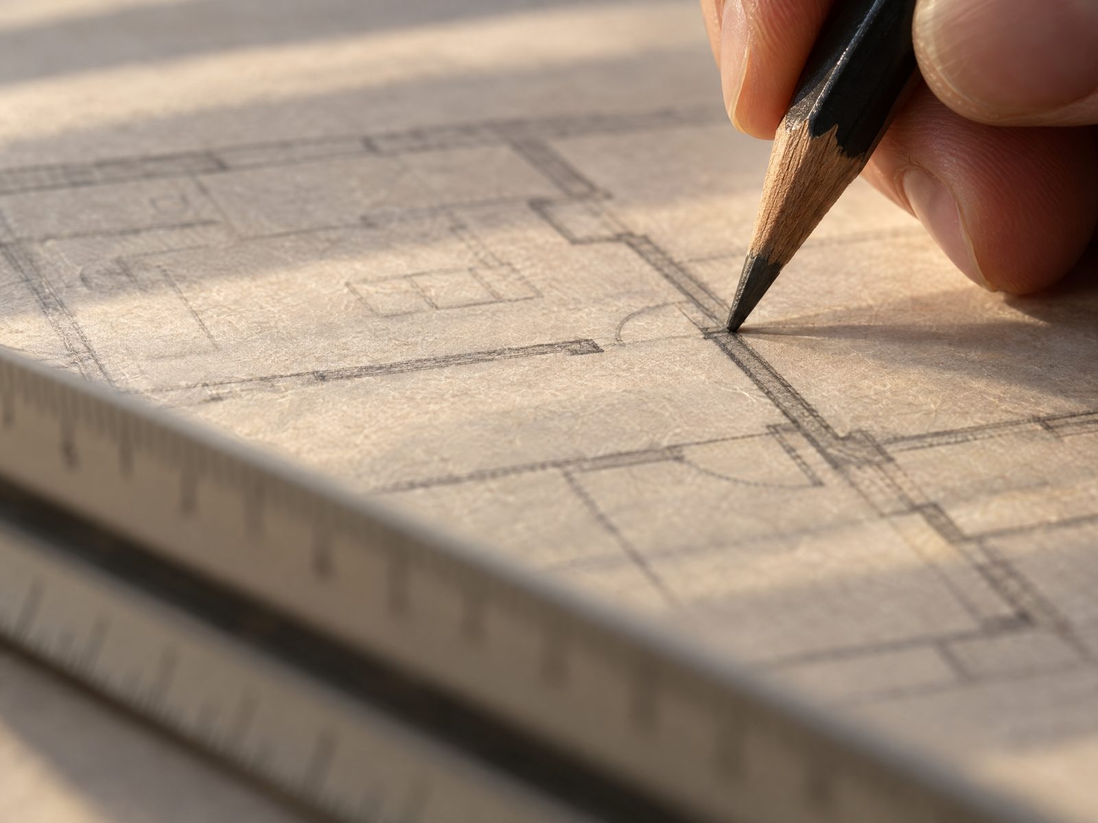 A pencil drawing over a floor plan beside a scale ruler