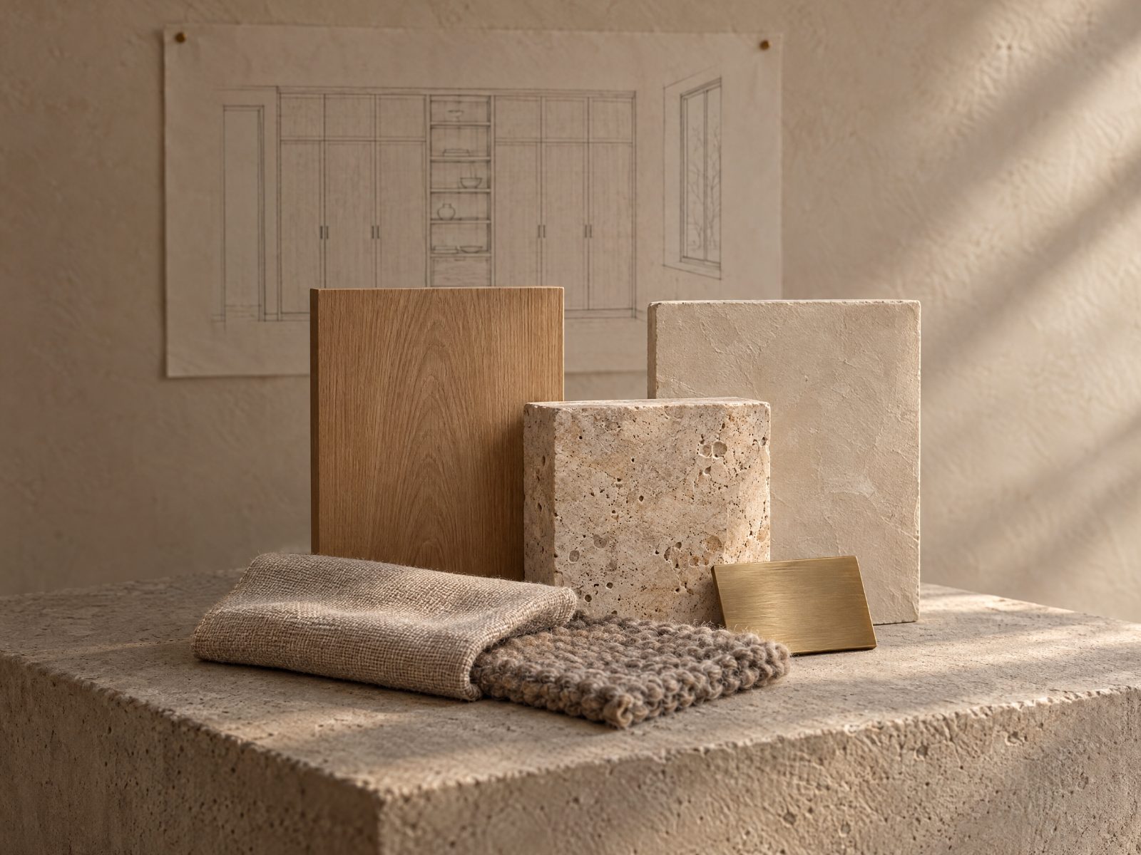 Oak, travertine, linen, wool and brass samples below a drawing of the joinery wall