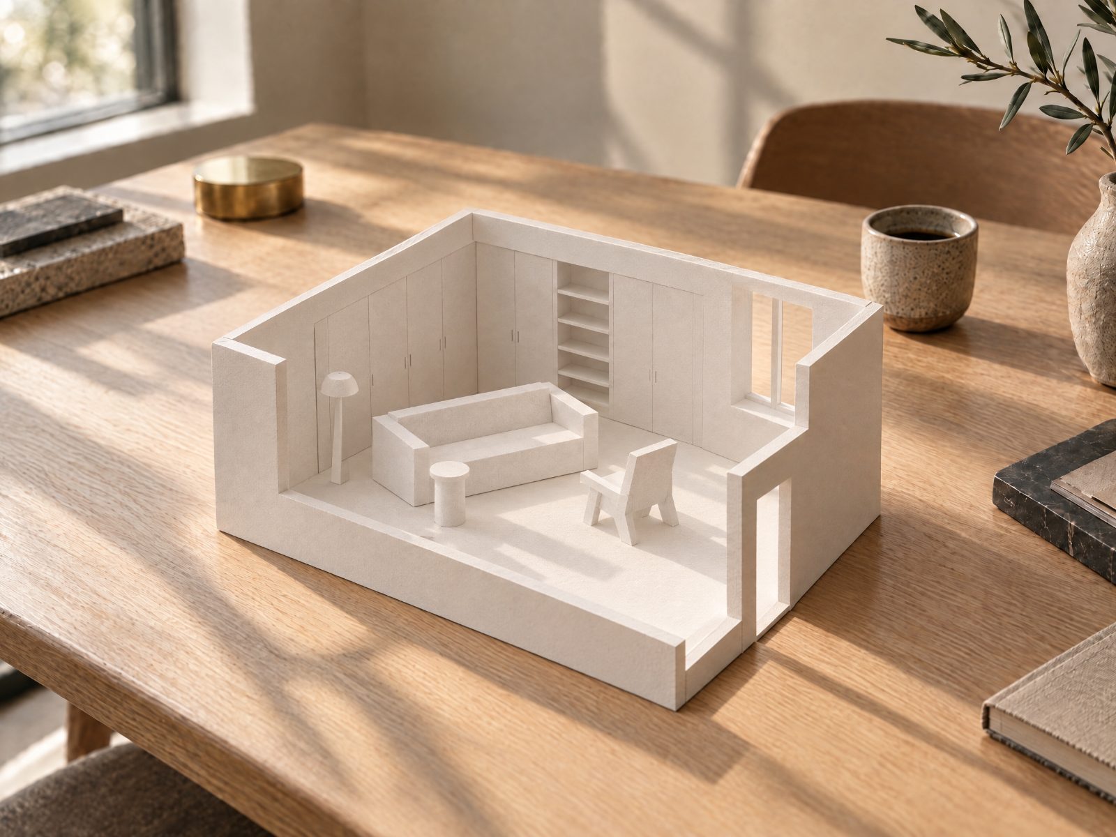 A white card model of the room with its joinery wall, sofa and armchair