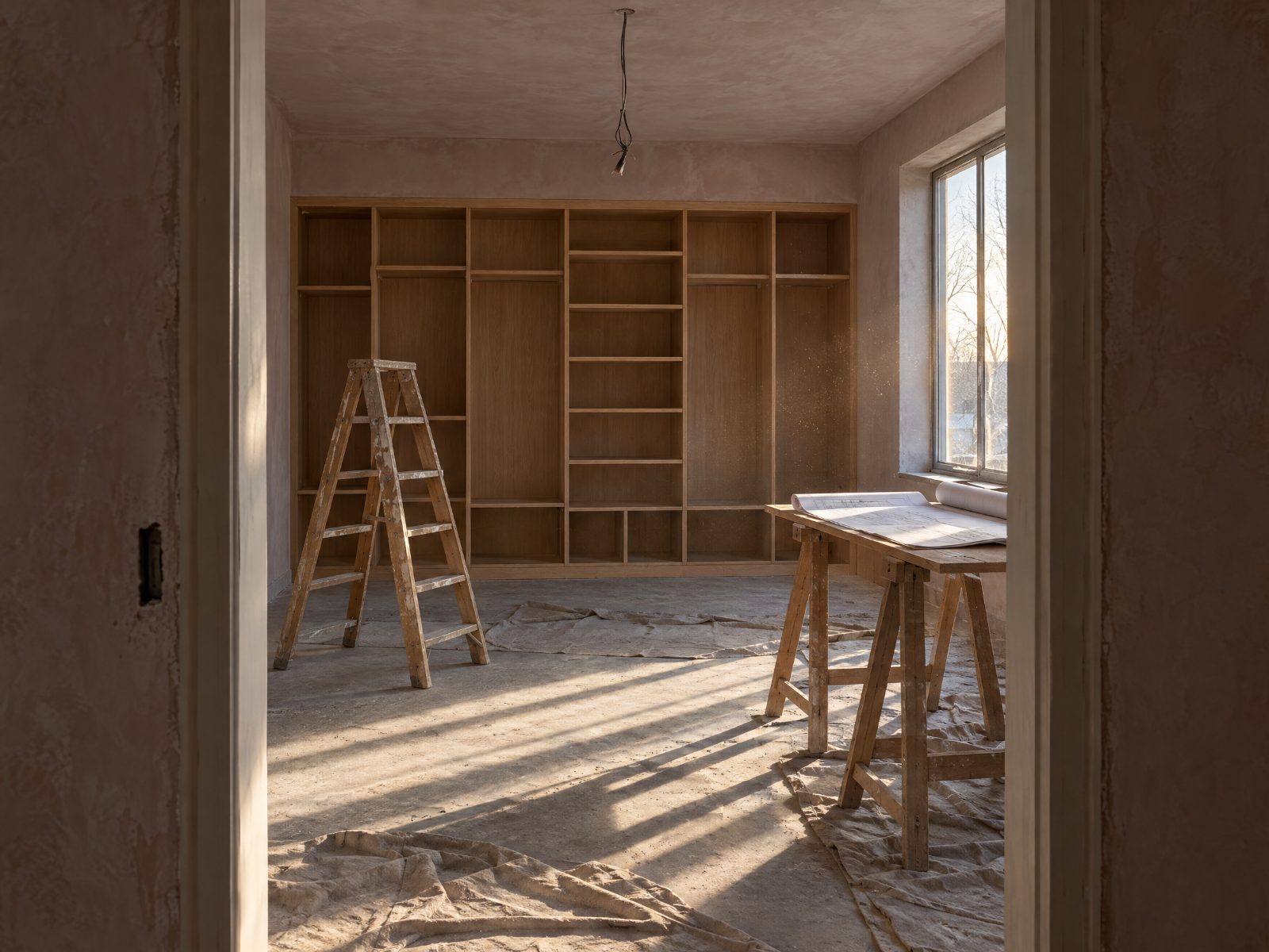 A room mid-build with oak joinery being fitted and drawings on a trestle