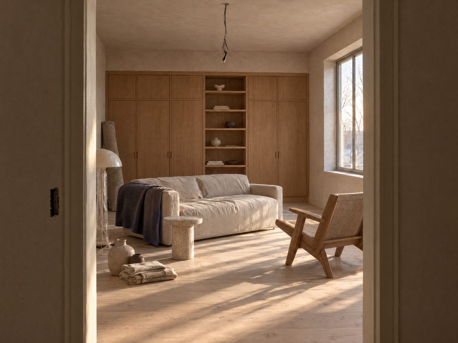 The same room on installation day, with furniture, a rolled rug and ceramics being placed
