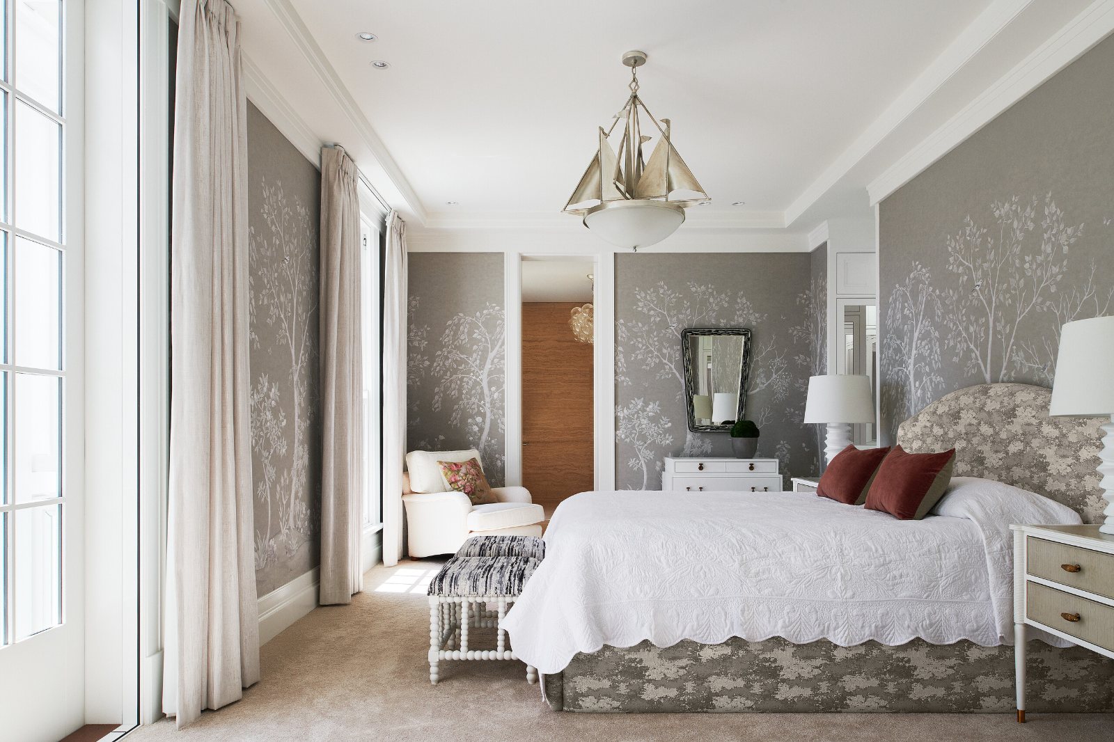 Toorak, Montalto Avenue main bedroom with full-length curtains at the windows